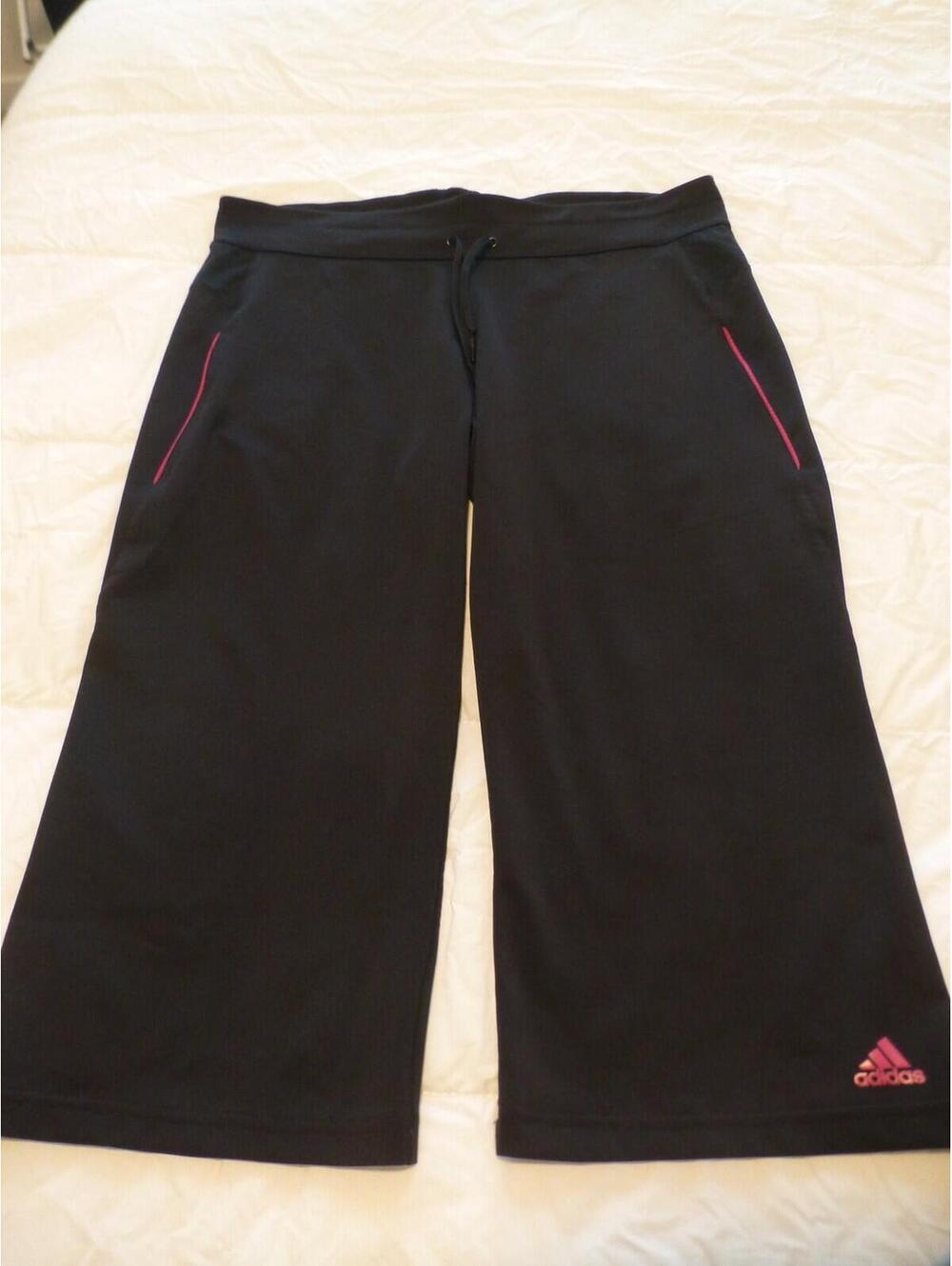 Adidas Women's Black Activewear Cropped Pants Capri Drawstring Pink Trim M K2A